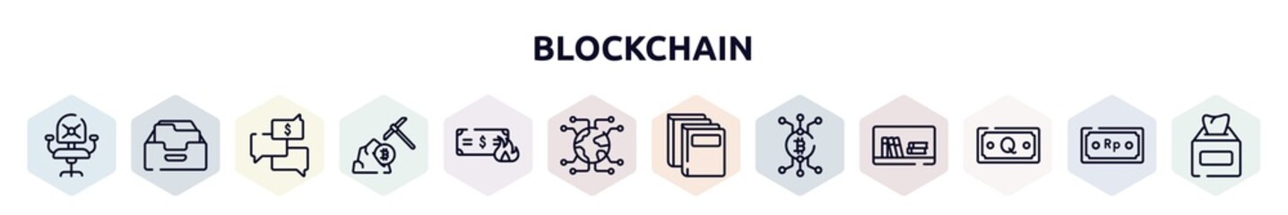 blockchain outline icons set. thin line icons such as statement, data mining, charismatic, brilliant, outcome, approved, distributed, node, online money icon.