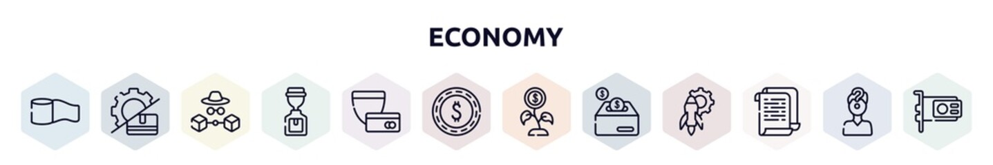 economy outline icons set. thin line icons such as permission, planing, bills, worldwide, transfering, encryption, decentralized, budgeting, dollar coin icon.