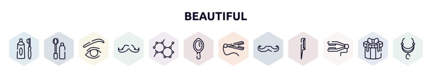 beautiful outline icons set. thin line icons such as tooth paste and brush, null, eye with lines, big mustache, molecular, hand mirror with shine, straightener, long hipster moustache, straighten,