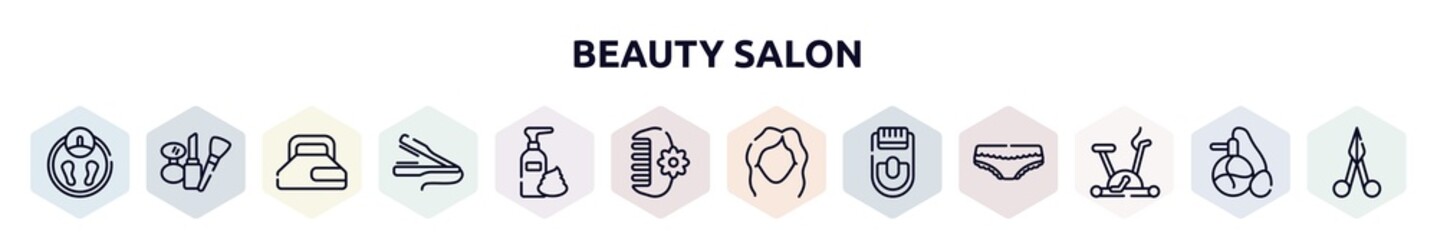 beauty salon outline icons set. thin line icons such as big scale, cosmetic tools, hair gel, flat iron, foam hair, hair clamp, women makeup, epilador, null icon.