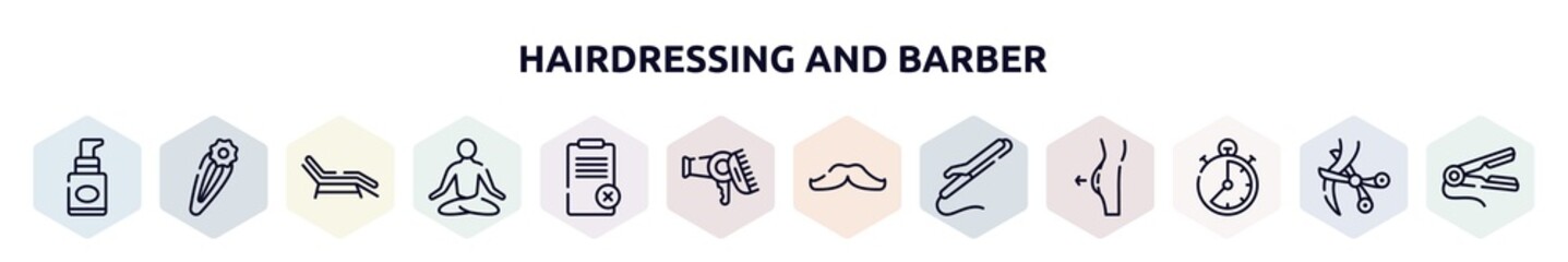 hairdressing and barber outline icons set. thin line icons such as foundation, null, sunbed, lotus position, disclaimer, hairdryer and comb, mustache, curling iron, stopclock icon.