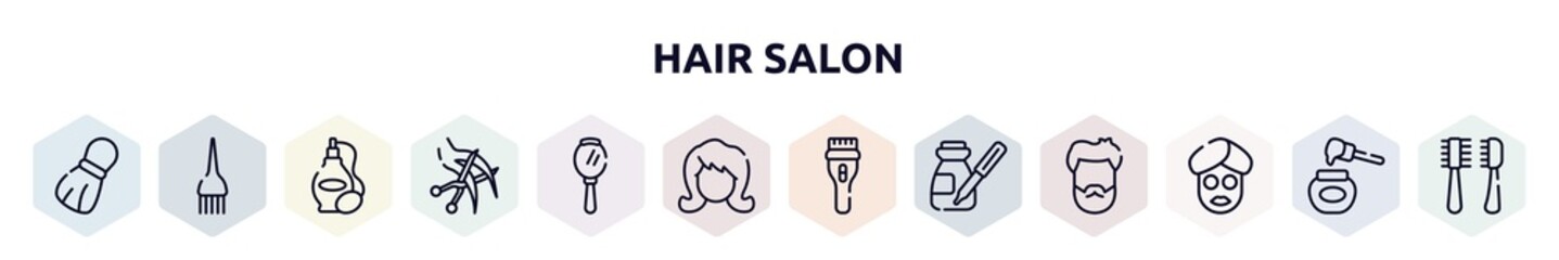 hair salon outline icons set. thin line icons such as shaving brush, hair dye brush, perfume bottle, haircut, hand mirror, woman hair, clipper, serum, facial mask icon.