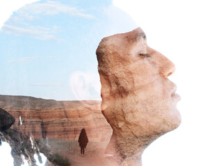 Double exposure portrait of a man combined with rocky landscape