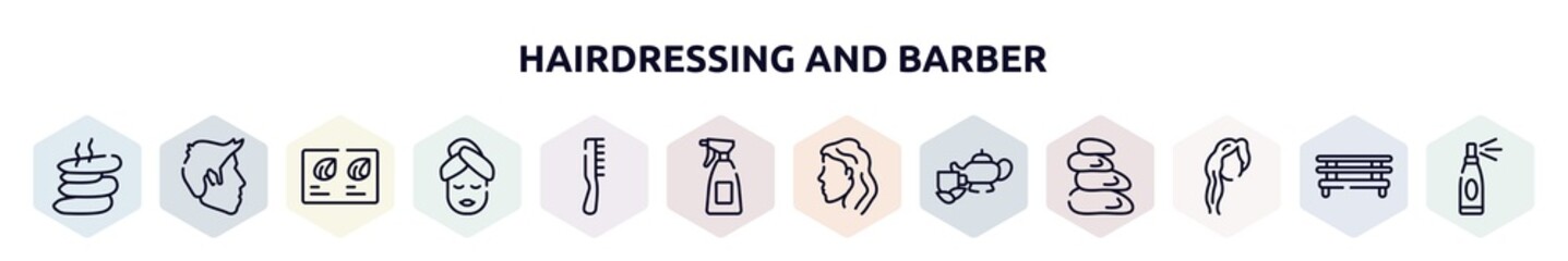 hairdressing and barber outline icons set. thin line icons such as hot stone, short male hair shape, hair color sample, face mask, one comb, hair salon spray bottle and can, woman head side view,