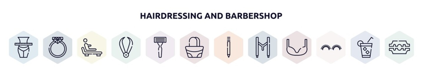 hairdressing and barbershop outline icons set. thin line icons such as slim, diamond ring, relaxing, pluck, shaving razor, hand bag, eyebrow pencil, suspenders, grace icon.