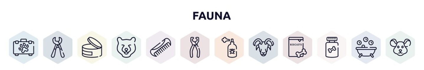 fauna outline icons set. thin line icons such as pet first aid, pet trimmer, canned food, bear head, pet comb, nail trimmer, spray, male sheep head, honey treat icon.