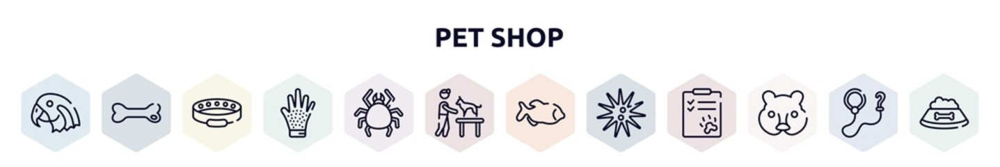 Naklejka premium pet shop outline icons set. thin line icons such as parrot head, dog toy, cat collar, grooming glove, big mite, dog and veterinarian, big piranha, sea urchin, hedgehog head icon.