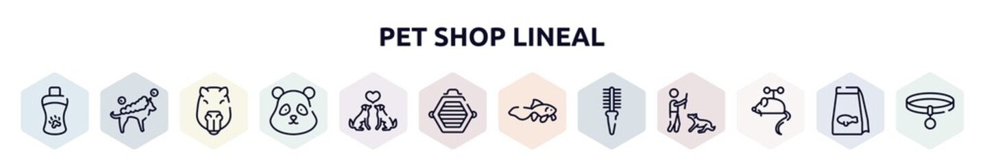 pet shop lineal outline icons set. thin line icons such as shampoo, washing the dog, capybara head, panda bear head, couple of dogs, cat box, gold fish, flea comb, toy mouse icon.