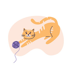 Red cat plays with a ball of yarn. Flat vector illustration in trendy colors, isolated on a white background