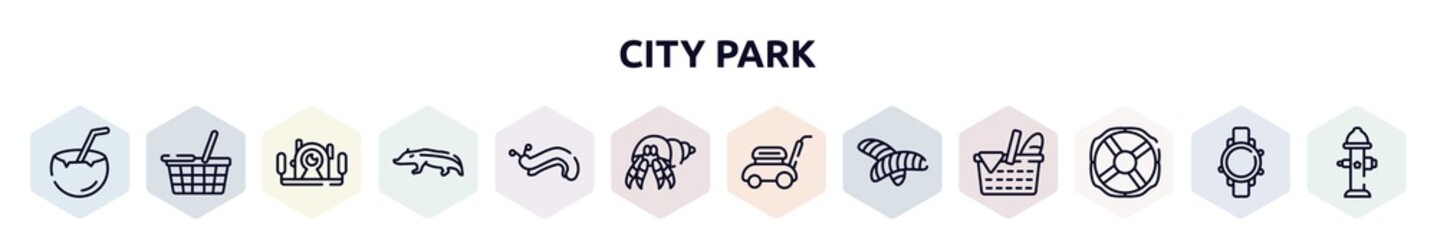 city park outline icons set. thin line icons such as coconut drink, food basket, underwater photography, badger, slug, hermit crab, lawn mower, null, lifebuoy icon.