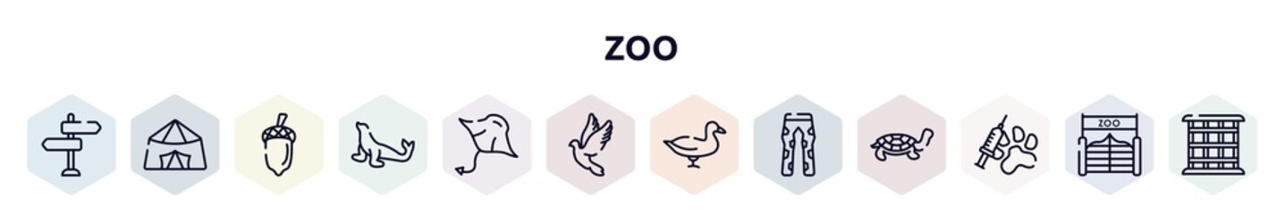 zoo outline icons set. thin line icons such as direction, jaima tent, acorn, sea lion, manta ray, dove, duck, fatigue, vaccine icon.
