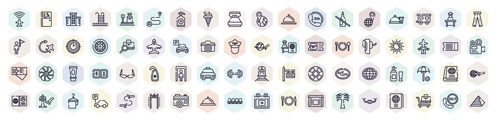 holidays outline icons set. thin line icons such as airport flight info, hotel, icecream cone, no drink, baggage verification, spring sun, full body, geography text book, waiting room icon.