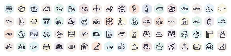 aerodrome outline icons set. thin line icons such as double decker bus, precaution, cross wrench, monorail, wheel chair, drone case, watercraft, broken line, touristic icon. - obrazy, fototapety, plakaty