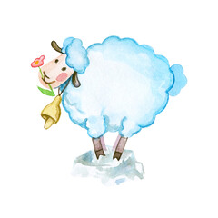 Illustration of watercolor. Funny sheep with a bell and a flower.