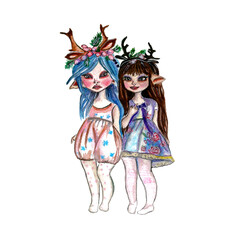 Watercolor illustration cute girls elves with deer antlers,isolated on white background,for children books,stickers,cards.