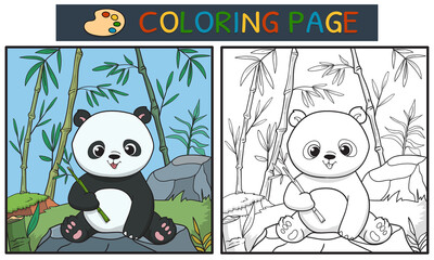 coloring page or book with cute panda in the forest