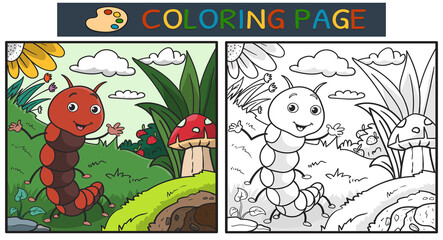 coloring page or book with cute millipedes on green grass