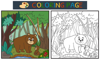 coloring page or book with cartoon brown bear in the forest