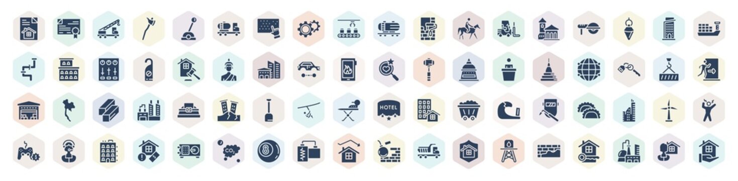 filled real estate icons set. glyph icons such as documentation, crane truck, cogwheels, lift truck, auction, globe grid, scoop, wind energy, deficit vector.