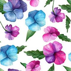 Seamless watercolor pattern. Bright summer design. Hand drawn pansies, leaves. Design for wrapping paper, backgrounds and more