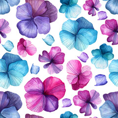 Seamless watercolor pattern. Drawn summer flowers. Pink, purple, blue pansies on a white background.