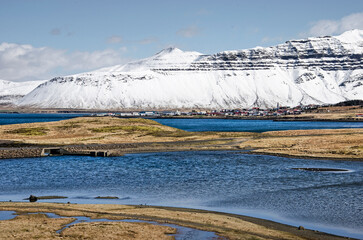 Grundarfjörður, Iceland, May 6, 2022: view towards the town along the north coast of the Snaefellsnes peninsula