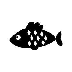 Black silhouette of tropical fish isolated single object on white background. Underwater sea life design element. Pet store icon or logo. Summer clip art. Aquarium tank. Simple flat cartoon style.