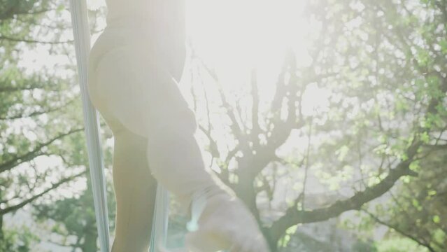 Detail pretty woman athlete acrobat stretches legs training on blue fabric ropes hanging on tree branch in forest under bright summer sunlight, panning from outstretched leg to female face