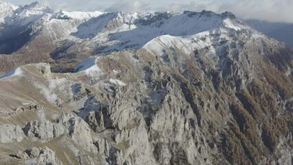 Magnifique colline de sapins aux couleurs d'automnes dans les alpes au mythique lac de Serre Ponçon. Tourné au DJI Mavic 2 Pro, ISO 100 F 2.8 S1/50 24 ips DLOG 