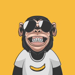 Vector Funny Smiling Chimpanzee Ape with Sunglasses and Banana on His T-shirt on Yellow Background. Happy Monkey for Wall Art, T-shirt Print, Poster. Cartoon Cute Chimp Monkey