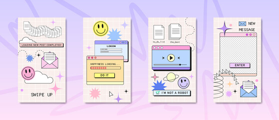 Stories or post template, retro browser computer window in 90s vaporwave with geek stickers. Y2k aesthetic background for social media, with pc message boxes, UI, UX elements. Vector illustration - obrazy, fototapety, plakaty