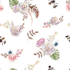 Seamless watercolor pattern with a flowers of roses and tropical herbarium in Boho style painted in watercolor for textile and fabrics