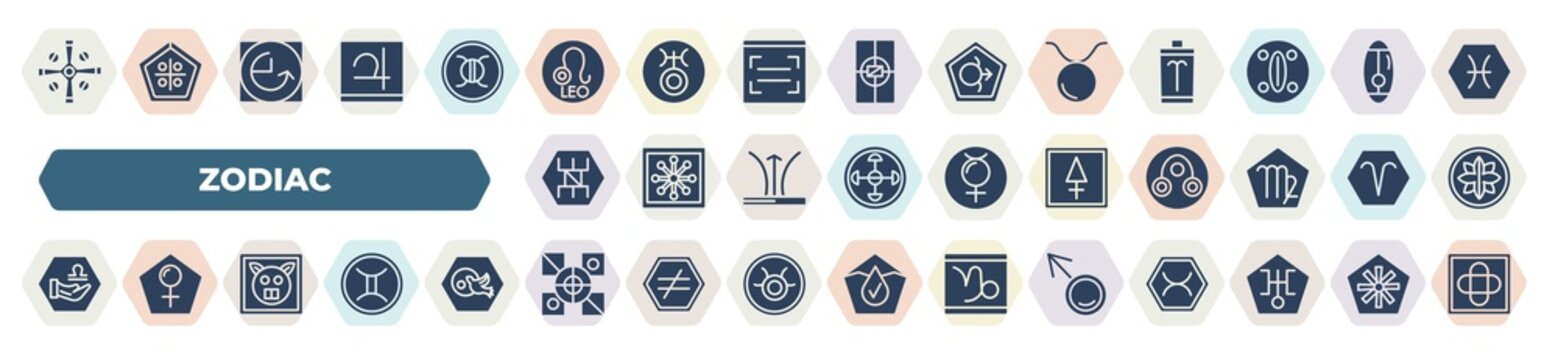 Set Of 40 Filled Zodiac Icons. Glyph Icons Such As Soot, Leo, Taurus, Lifes Challenges, Sulphur, Commitment, Good Luck, Excellence, Mars Vector.