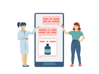 Telemedicine concept. Online doctor chat. Visiting doctor using online technology in smartphone. Cartoon character of doctor and patient. Vector illustration.