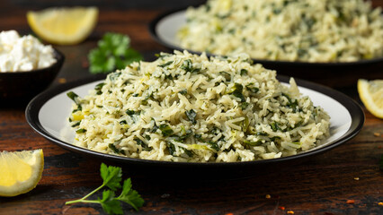 Spanakorizo, greek spinach rice. Healthy vegetarian food.