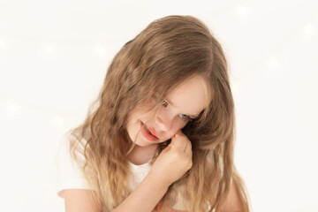 Naklejka premium Girl, studio white, close up, fun