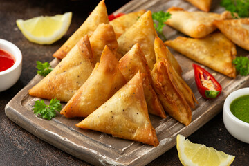 Fried samosas with vegetable filling, popular Indian snacks on wooden board