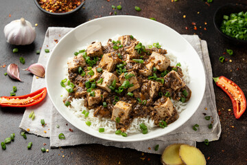 Vegan Mapo tofu with mushroom and rice. Asian, Chinese food