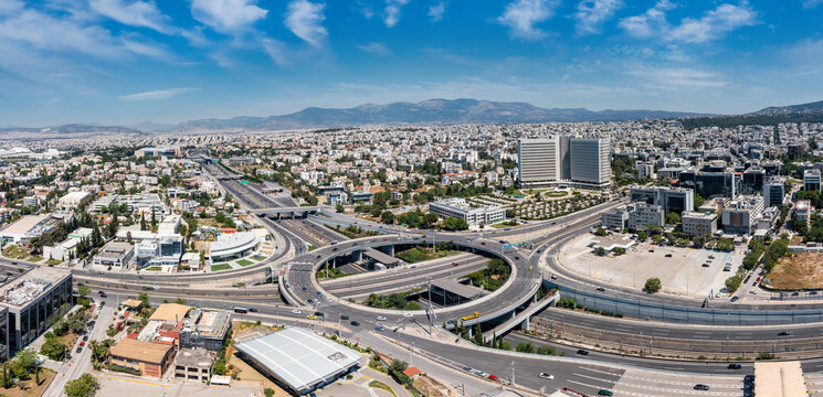Attiki Odos toll road interchange with Kifisias Avenue, Marousi Athens, Greece. Aerial drone view