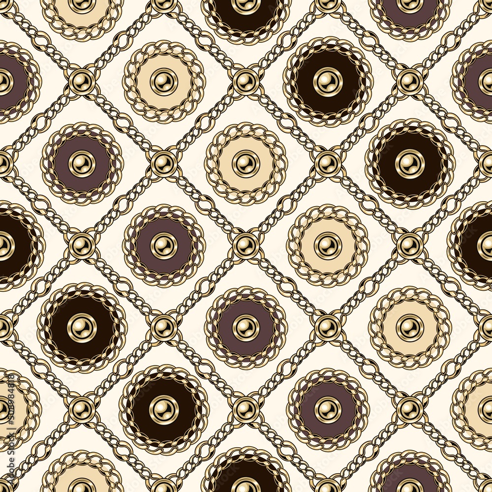 Poster seamless pattern with circles with gold chains, beads in diagonal square grid. classic luxe backgrou
