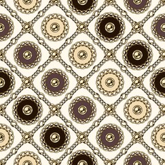 Seamless pattern with circles with gold chains, beads in diagonal square grid. Classic luxe background in pale pastel colors.
