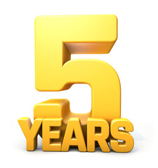 5 Years golden 3D isolated on white background. 3D illustration.