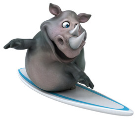 Fun 3D cartoon illustration of a rhino surfing