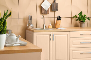 Fototapeta na wymiar Interior of modern kitchen with stylish furniture, sink and utensils