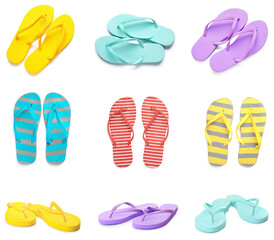 Set of colorful flip-flops isolated on white