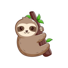 Sloth Cartoon Hanging on The Tree, Sloth Mascot Cartoon Character. Animal Icon Concept White Isolated. Flat Cartoon Style Suitable for Web Landing Page, Banner, Flyer, Sticker, Card