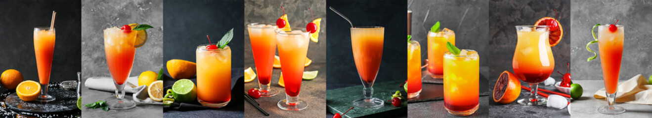 Set of glasses with tasty Sex on the Beach cocktail on dark background