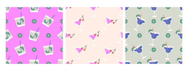 Set of tropic drink, cold citrus refreshing beverage in glass patterns. Fresh homemade soda, mojito,martiny cocktail with lime slices, cherry, tubes. Summer drinks. Hand drawn flat vector illustration