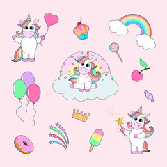 Set of cute cartoon unicorns with magic elements. Vector isolated illustration