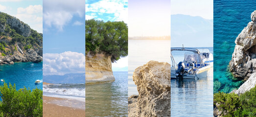 Summer collage with beautiful landscapes of sea resorts and motorboats